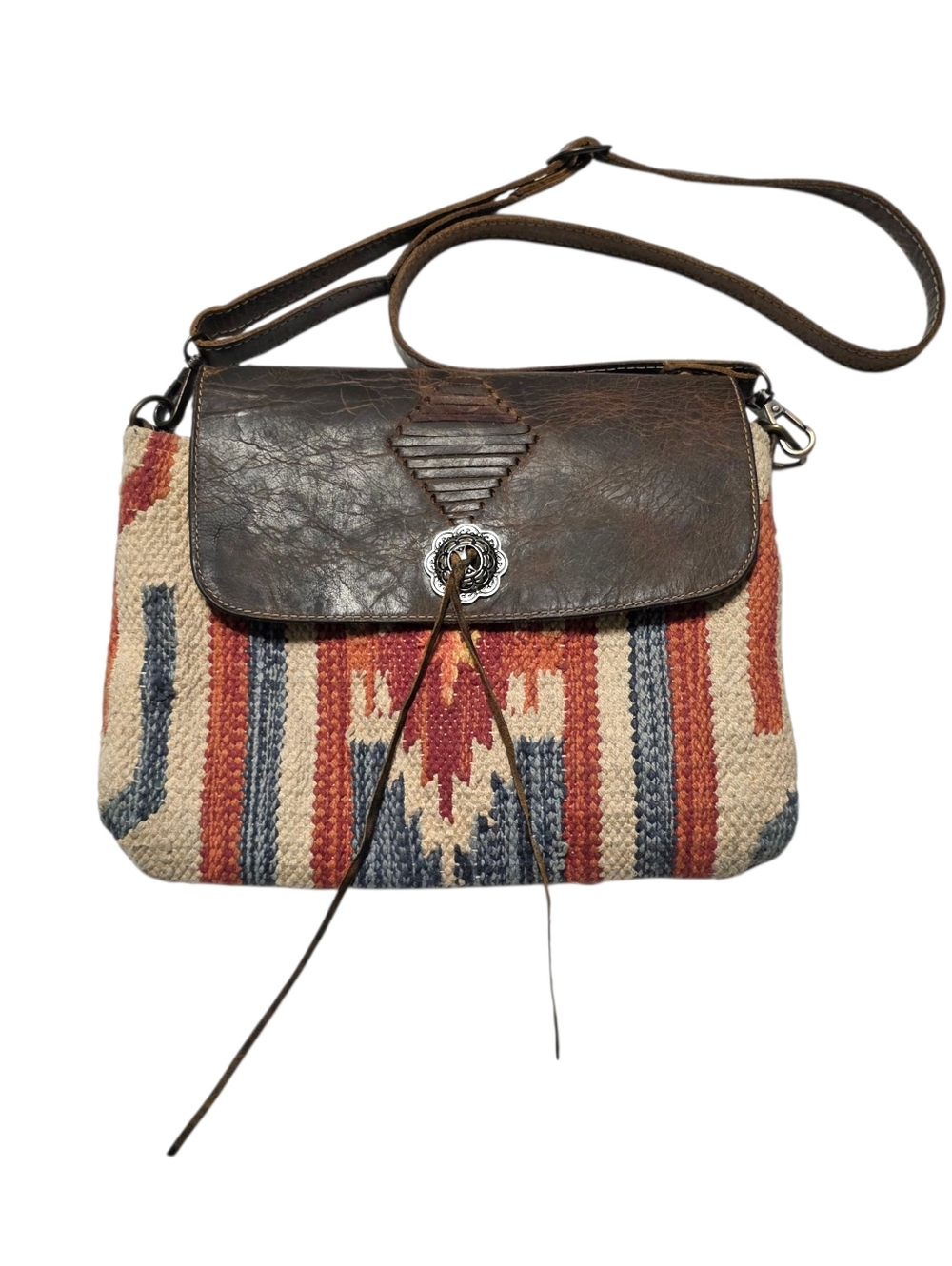 Myra Win Win Crossbody Bag Rustic Brown Leather & Southwestern Canvas Tapestry - Picture 8 of 14